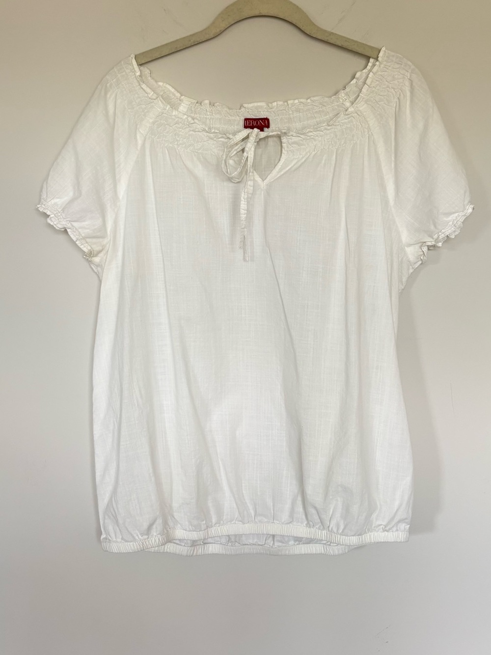 White 100% Cotton Peasant Top Blouse Smocked Elastic Hem Size L